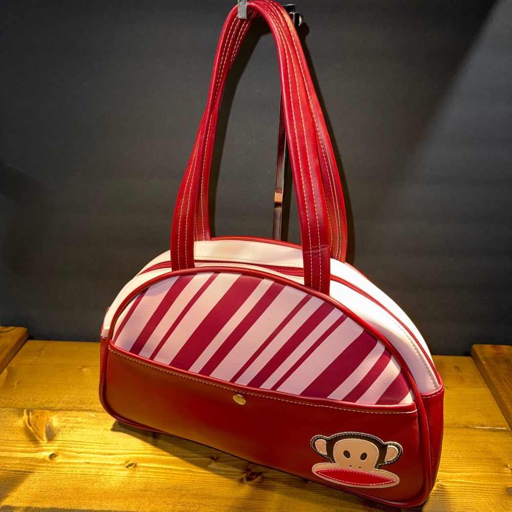 Vintage 2004 Paul Frank Julius Monkey Red Pink Striped Y2K Bowler Shoulder Bag
